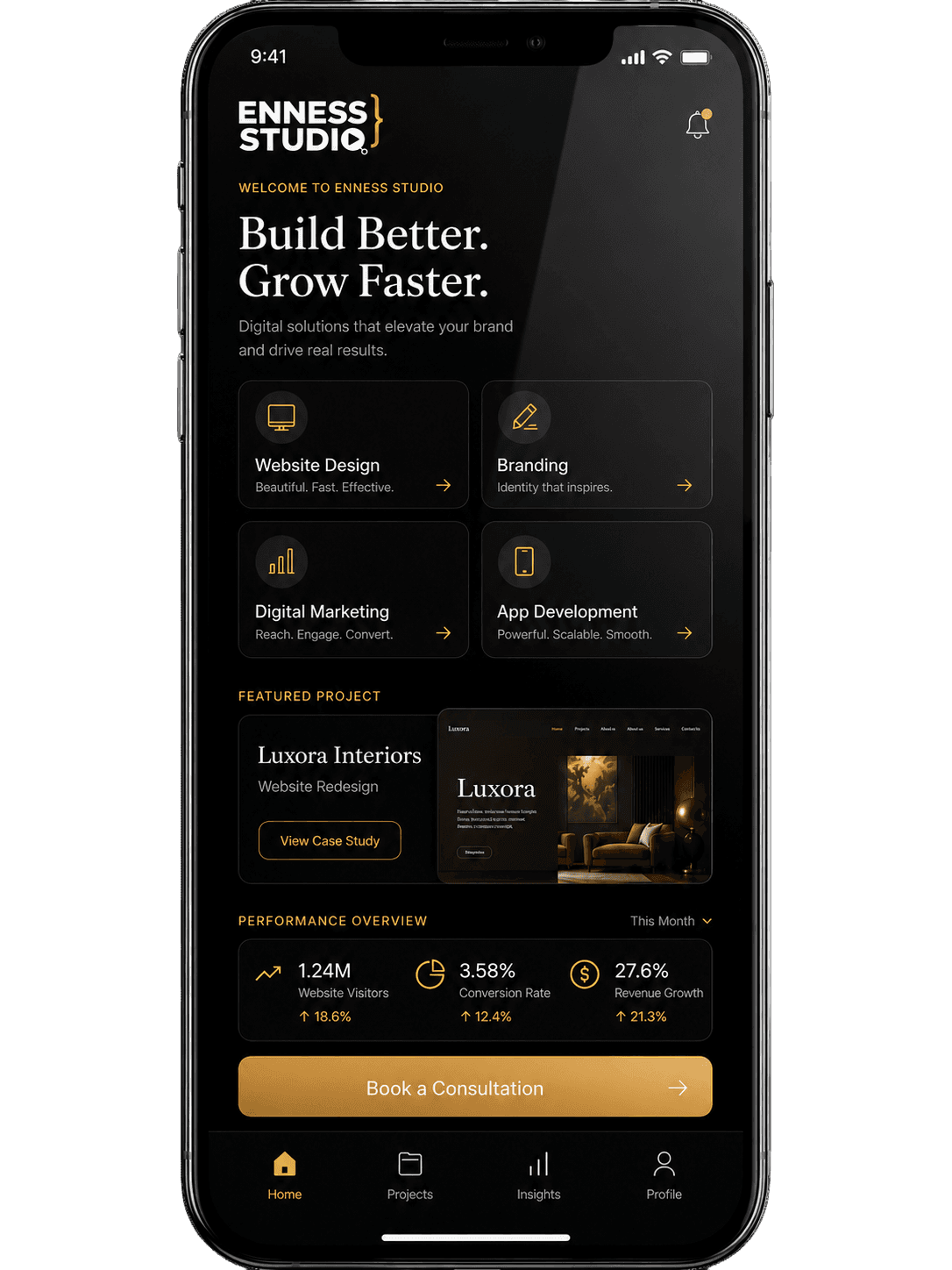 Premium mobile app interface mockup for ENNESS Studio app development