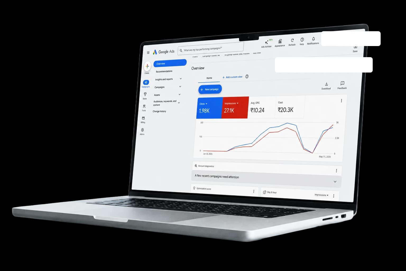 Google Ads performance dashboard shown on a laptop for digital marketing campaigns