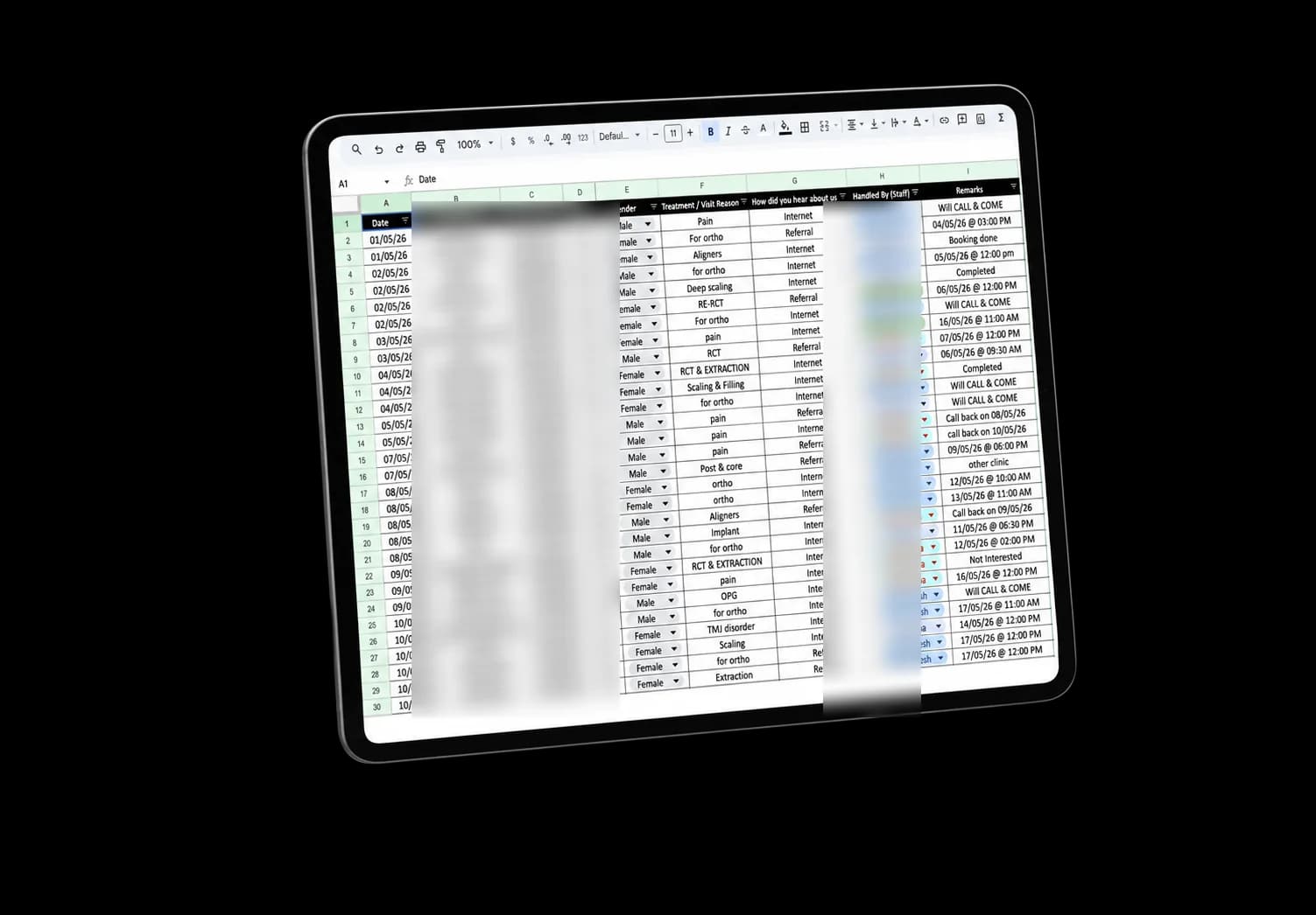 Lead tracking spreadsheet on a tablet for SEO and lead generation reporting