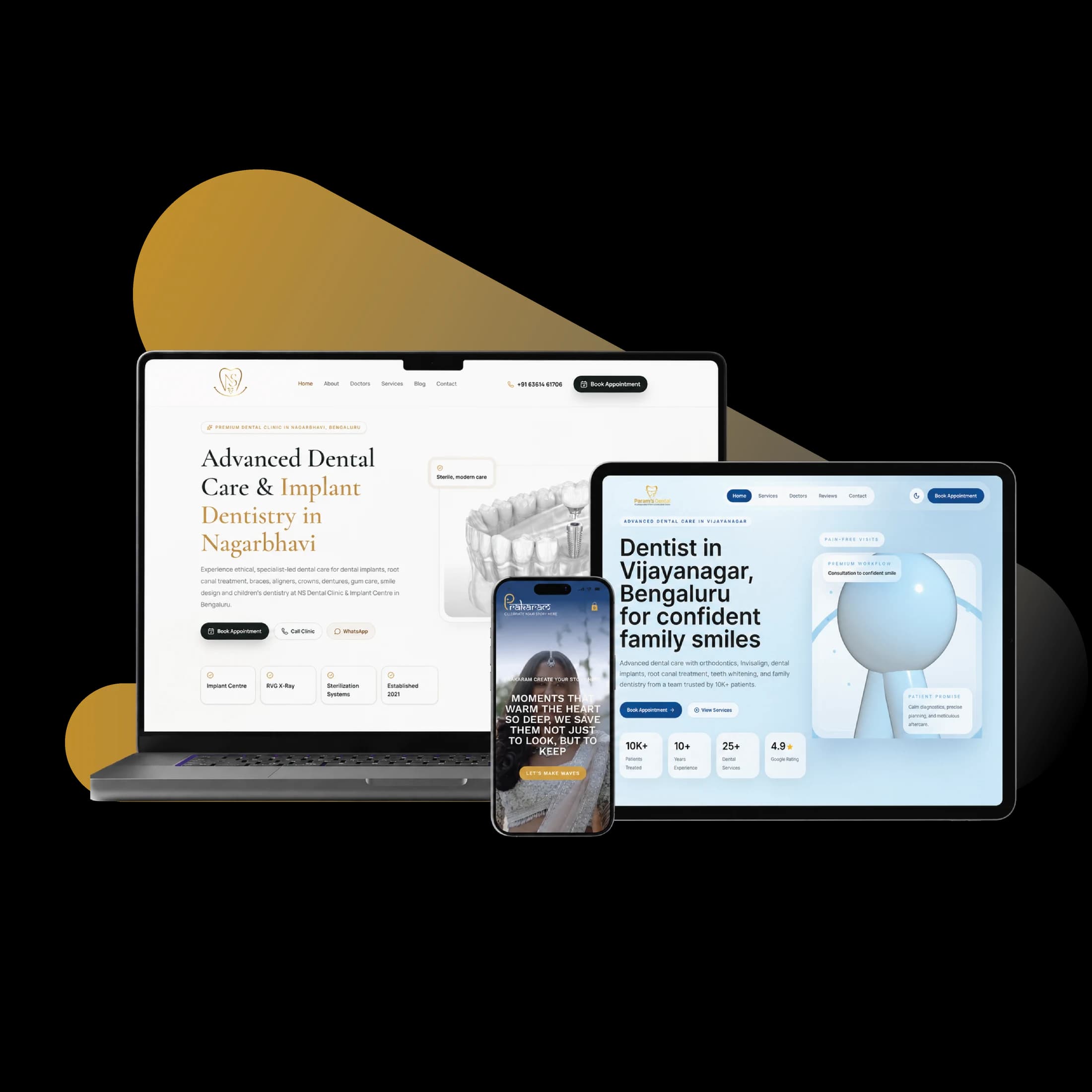 Responsive website development mockups across laptop, tablet, and mobile screens