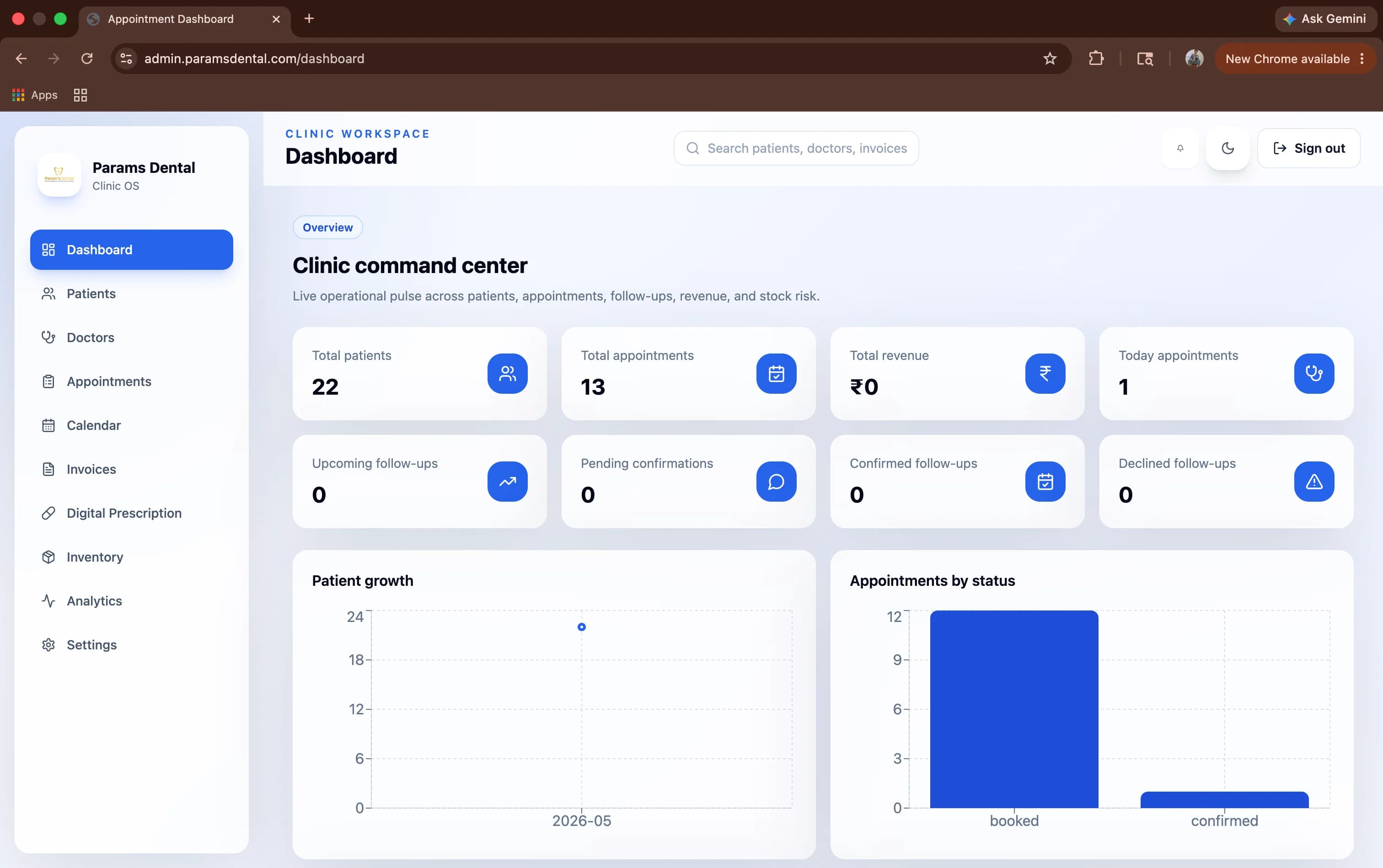 Clinic management SaaS dashboard preview